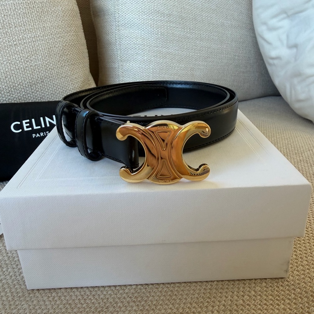 Celine Black Leather Belt with Gold Triomphe Buckle - Picture 2 of 5